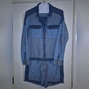 PAIGE Two-Tone Light and Dark Blue Denim Romper
